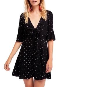 Free People All Yours Black White Polka Dot Tie Front Fit & Flare Mini Dress
